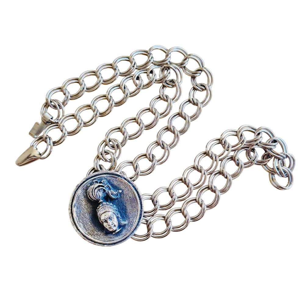 Tortolani Roman Soldier Necklace VTG Statement Silver Tone Chain Medallion 18"